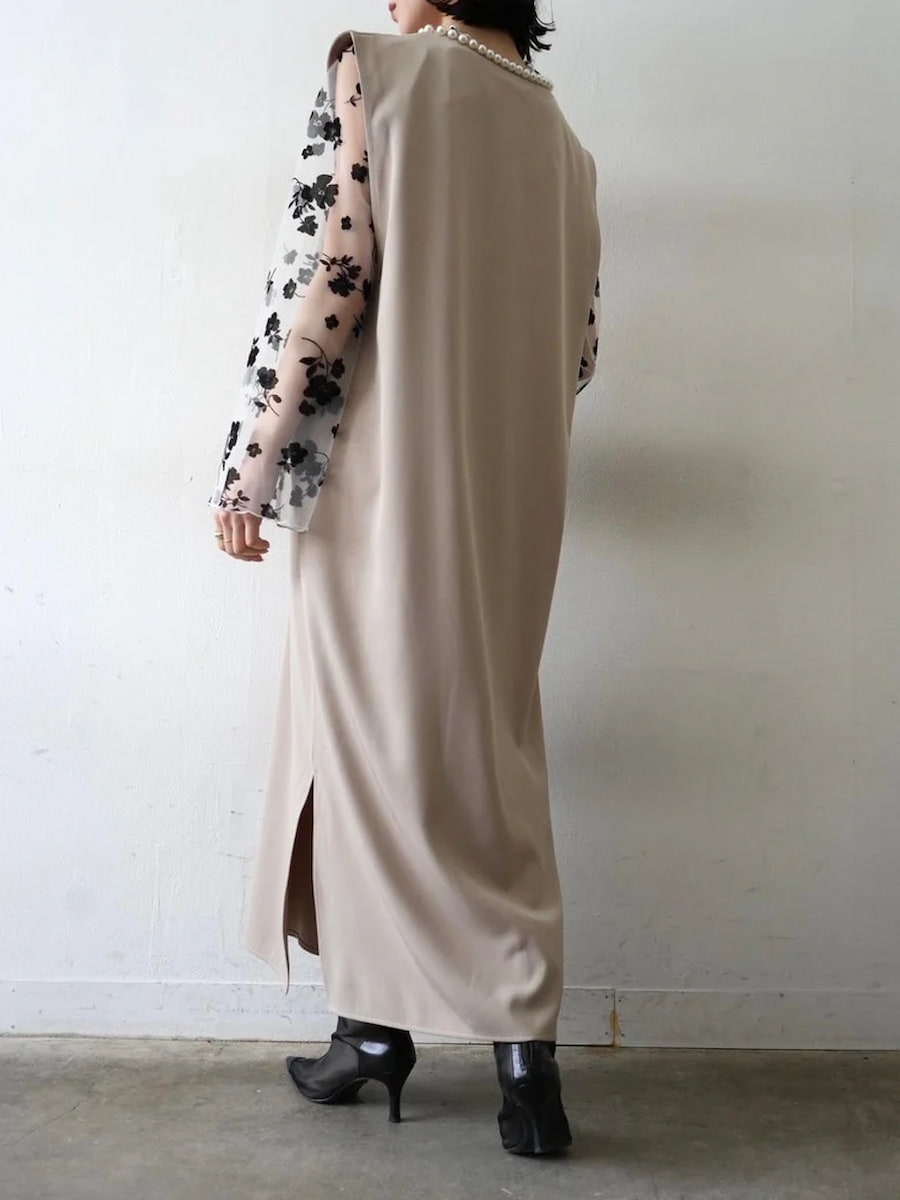 Lumier/リュミエ][SET]パールデザインキーネックワンピース+フラワー  