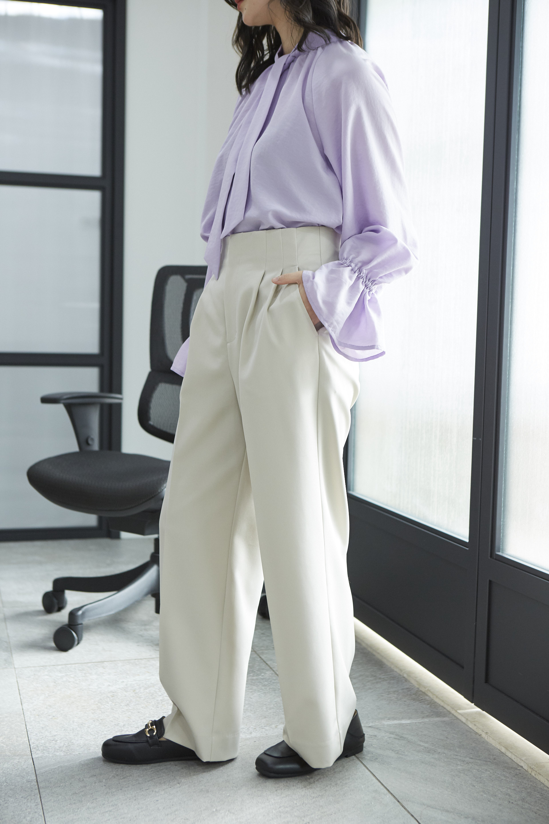 artemarvel [SET/即納]ボウタイキャンディスリーブブラウス+センタープレスタックパンツ(2set) - 画像3