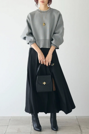 リボン付きブラックニットとプリーツスカート Frene/フラーネ][SET]ネックパールポリウーリープルオーバー+ボックス