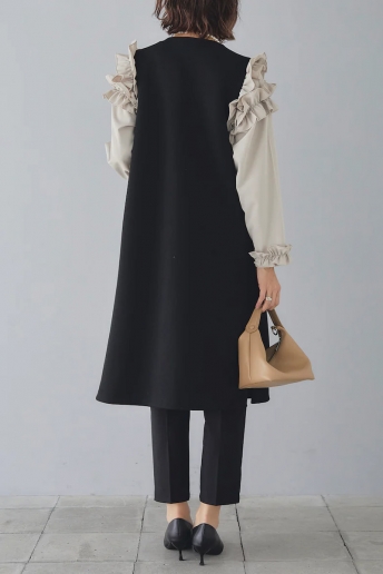 ポケットパール付きボンディングロングベスト+フリルプルオーバー+パンツ3set ポケットパール付きボンディングロングベスト+フリルプルオーバー+